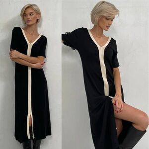 Black & ivory short sleeve two tone contrast knit midi dress